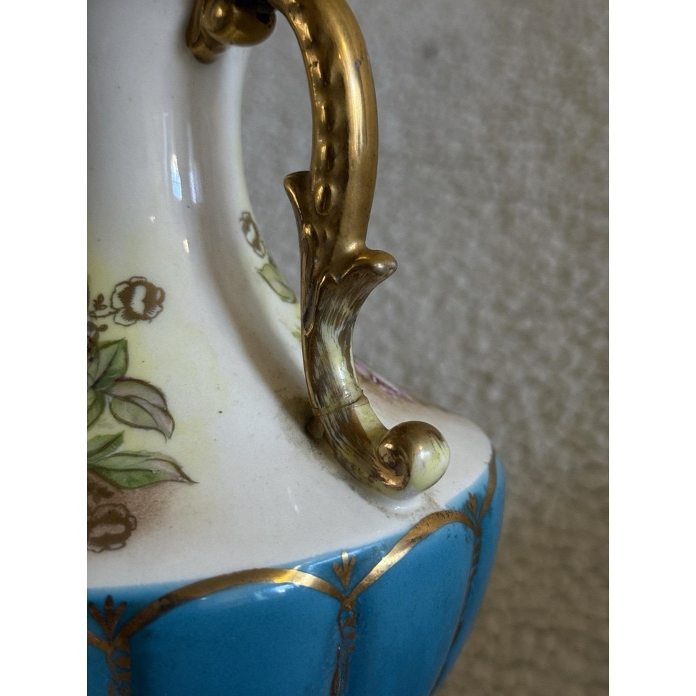 Vtg French Sevres Style Porcelain Urn Lamp Blue Floral Gold Signed Antique Decor - Picture 12 of 12